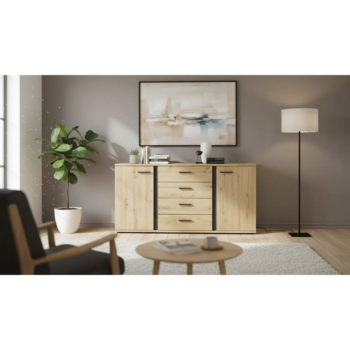 Comoda KANODE, stejar artisan/negru, PAL laminat, 170x40x84 cm