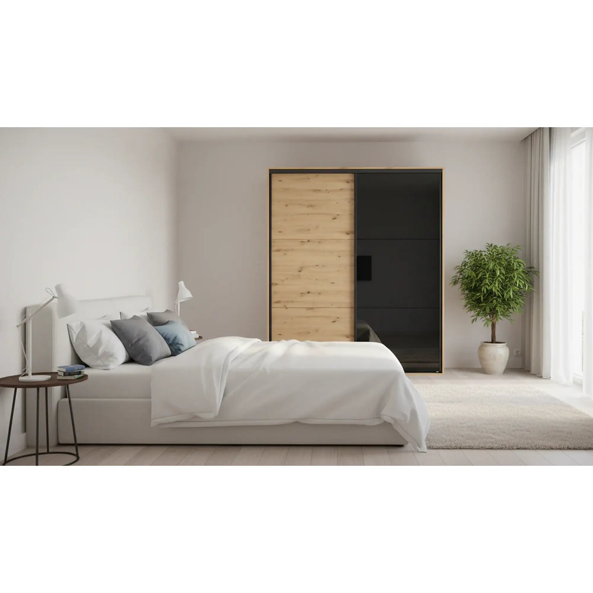 Dulap FLEX, stejar artisan/negru lucios, PAL, cu 2 usi glisante, 180x66x218 cm