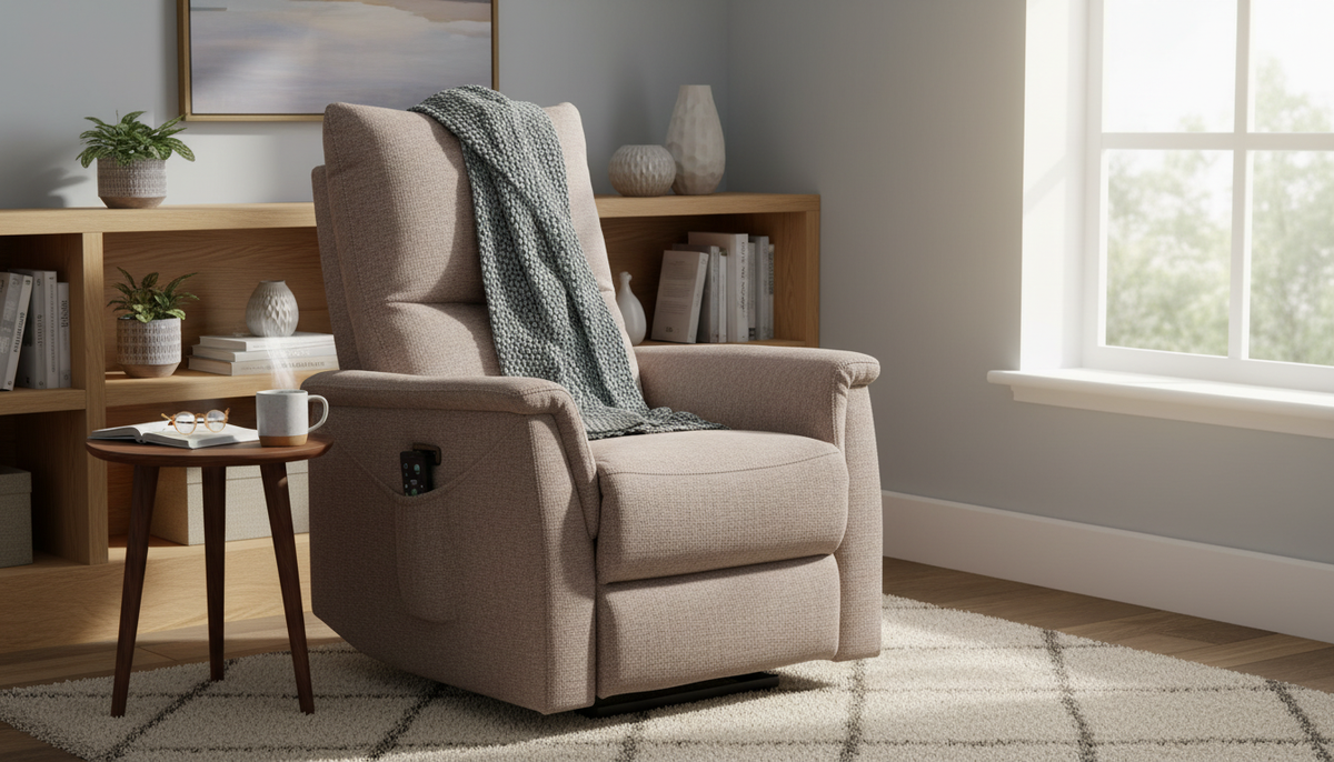 Fotoliu recliner cu functie de masaj NEPTUN M, stofa clasica bej - Brego 34, 76x94/160x96 cm