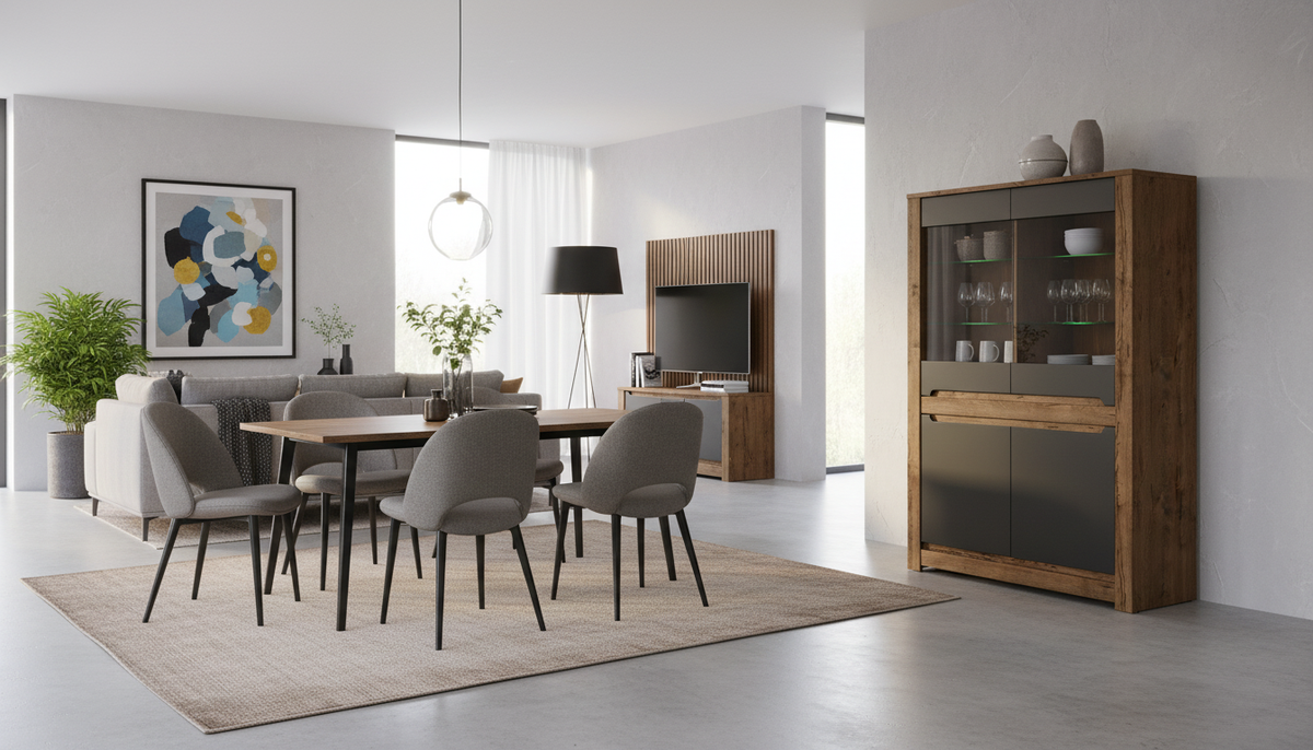 Vitrina RUSO, stejar/negru, PAL/sticla securizata, 104x46x159 cm