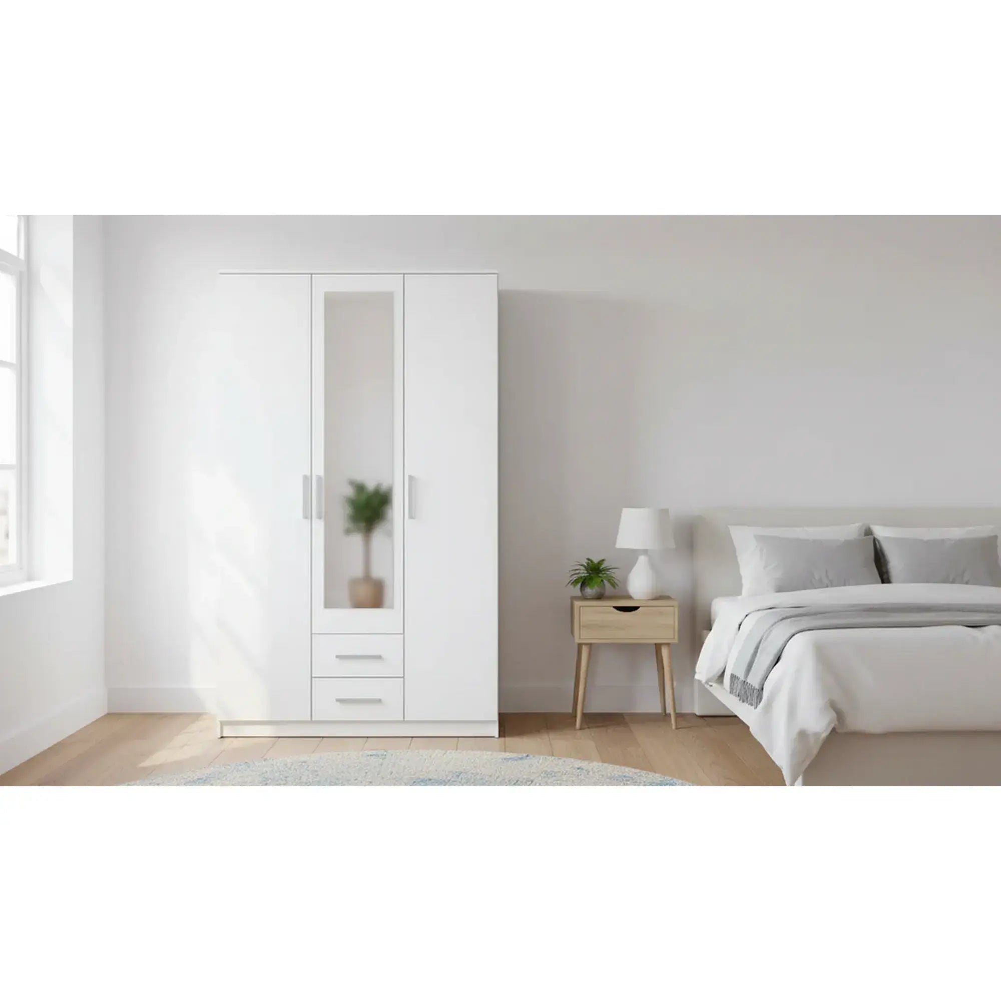 Dulap LIMA S-3, alb, PAL laminat, cu 3 usi si 2 sertare, cu oglinda, 120x52x205 cm