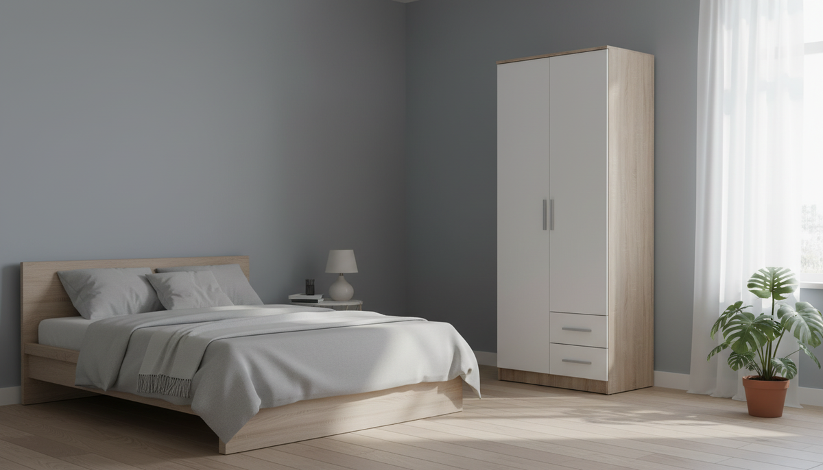 Dulap LIMA S-2, alb/stejar sonoma, PAL laminat, cu 2 usi si 2 sertare, 80x52x205 cm