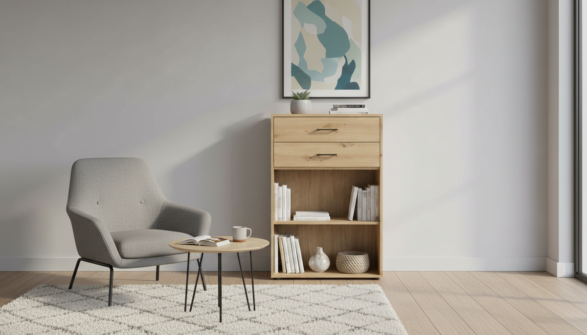 Comoda SPACE OFFICE, stejar artisan, PAL laminat, cu 2 sertare, 80x37x122 cm