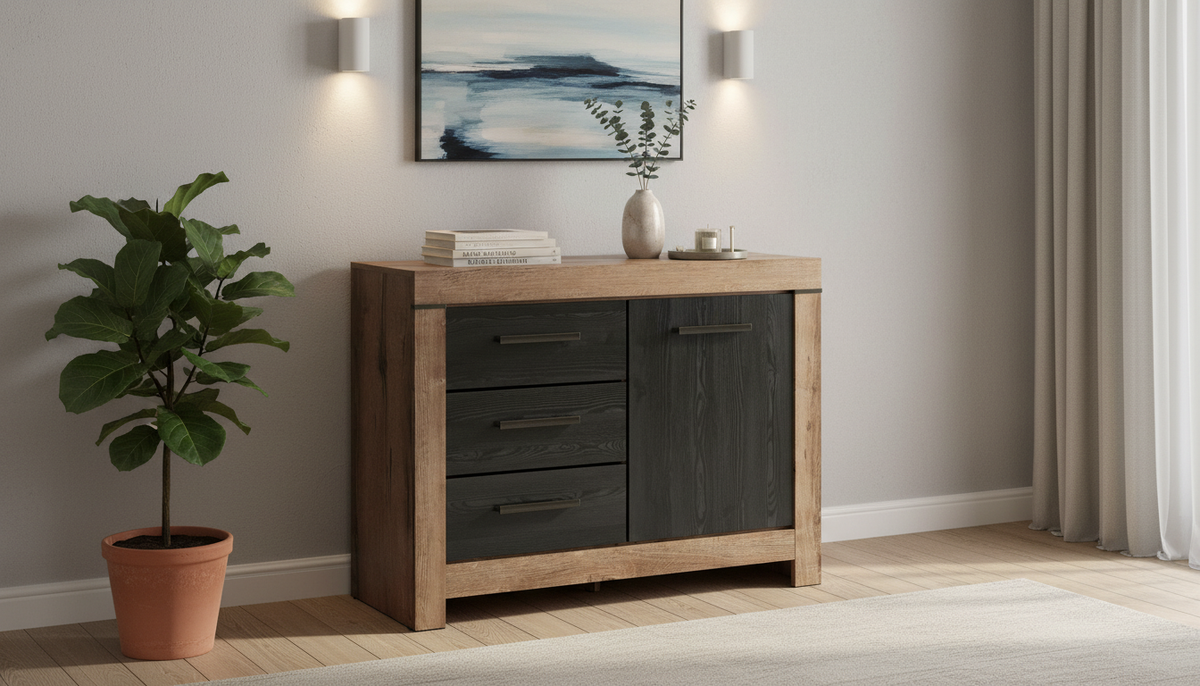 Comoda BALIN, stejar/negru, PAL, 112x45x85 cm