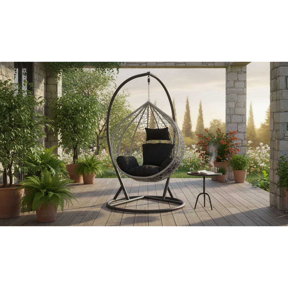 Balansoar gradina EGGY, gri/negru, rattan sintetic/stofa, 106x106x195 cm