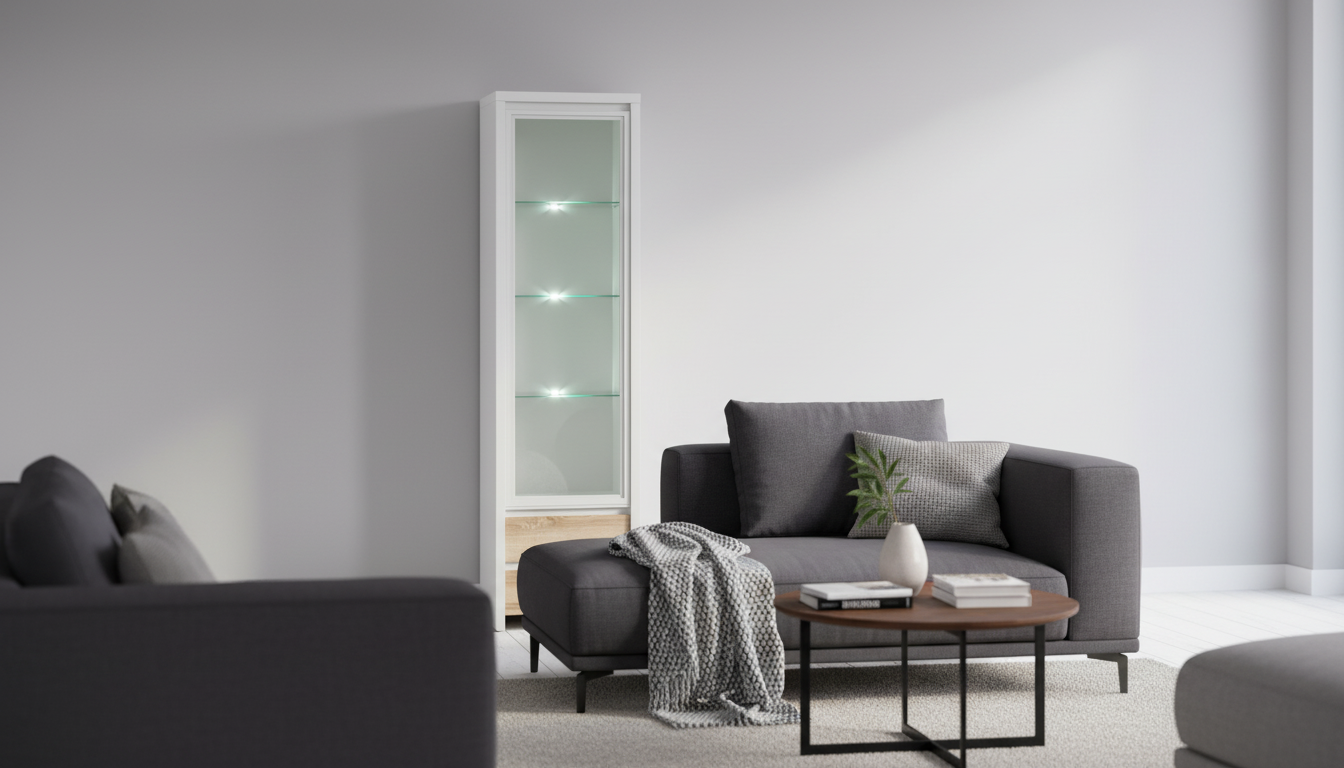 Vitrina KASPIAN, alb/stejar sonoma, PAL/sticla securizata, 56x41x201 cm