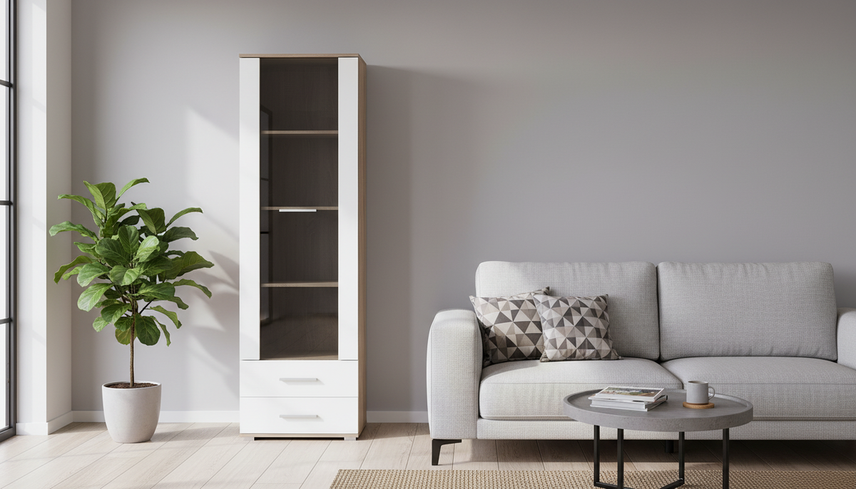 Vitrina LIMA, alb/stejar sonoma, PAL/sticla, 60x40x200 cm