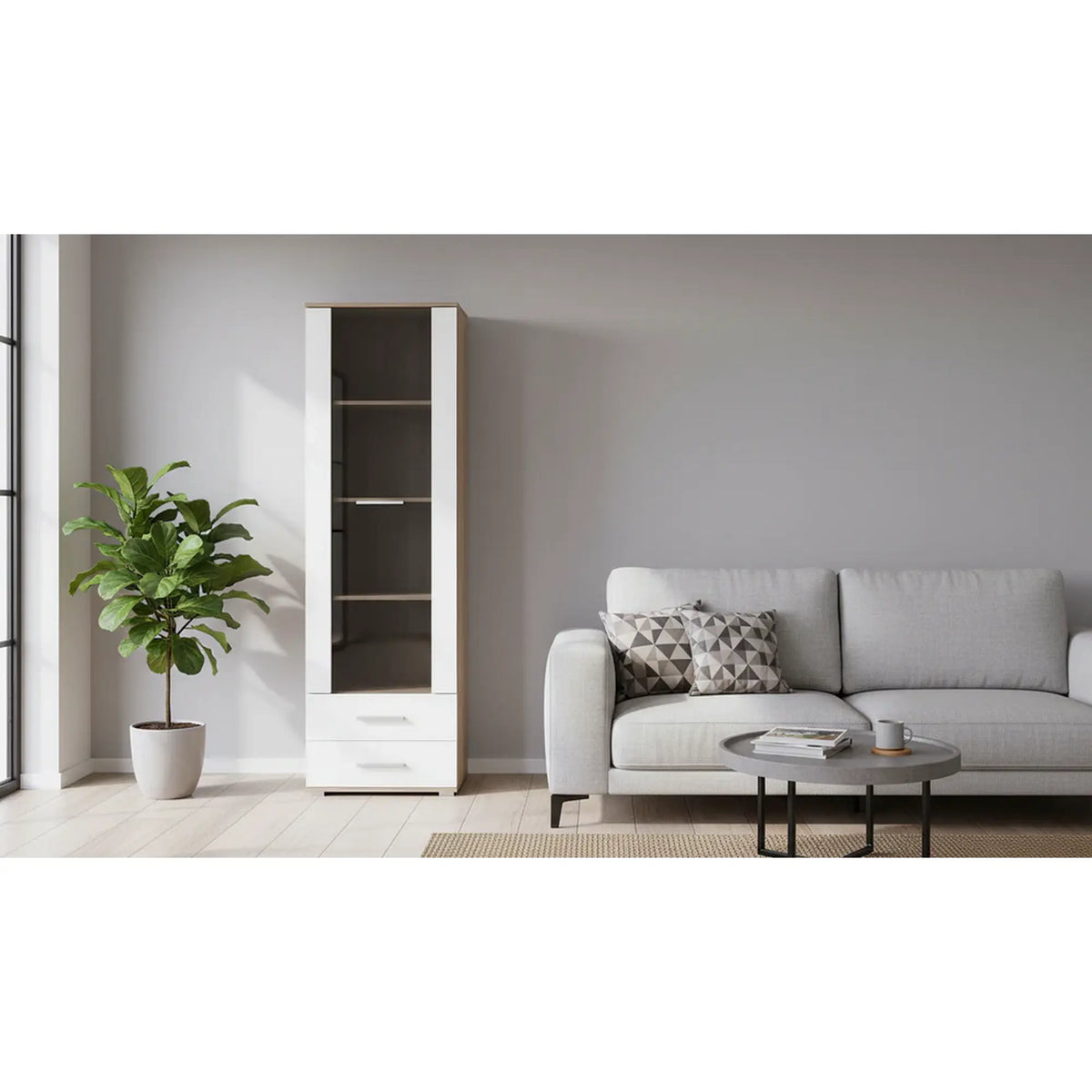 Vitrina LIMA, alb/stejar sonoma, PAL/sticla, 60x40x200 cm