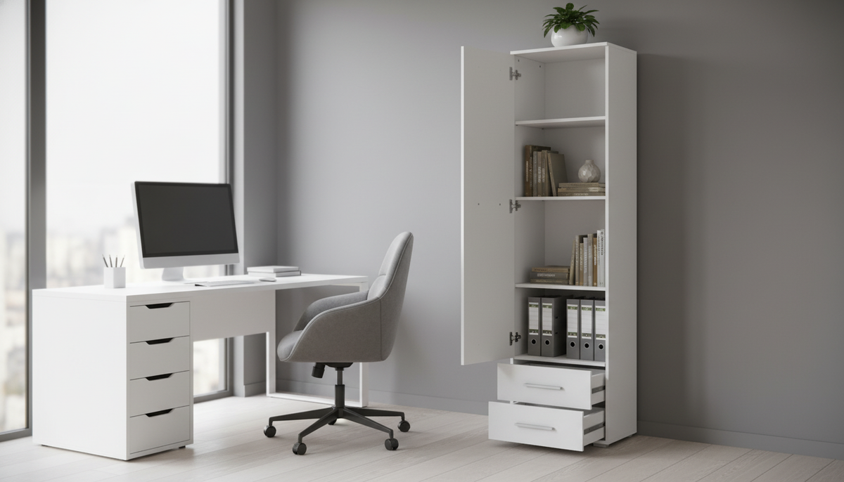 Dulap LIMA REG1, alb, PAL laminat, cu o usa si 2 sertare, 60x40x200 cm