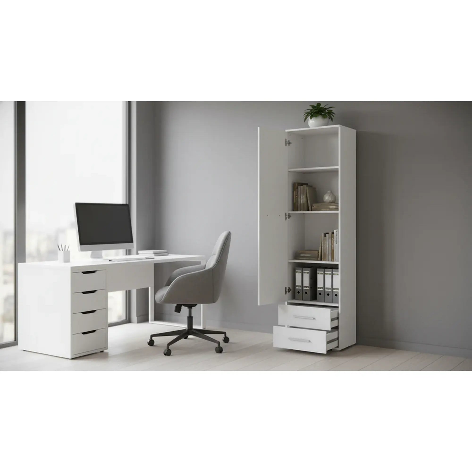 Dulap LIMA REG1, alb, PAL laminat, cu o usa si 2 sertare, 60x40x200 cm