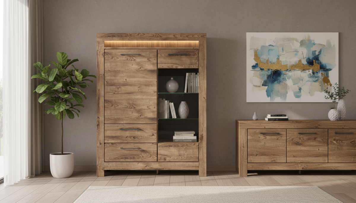 Vitrina TORIN, stejar, PAL/sticla securizata, 114x45x150 cm