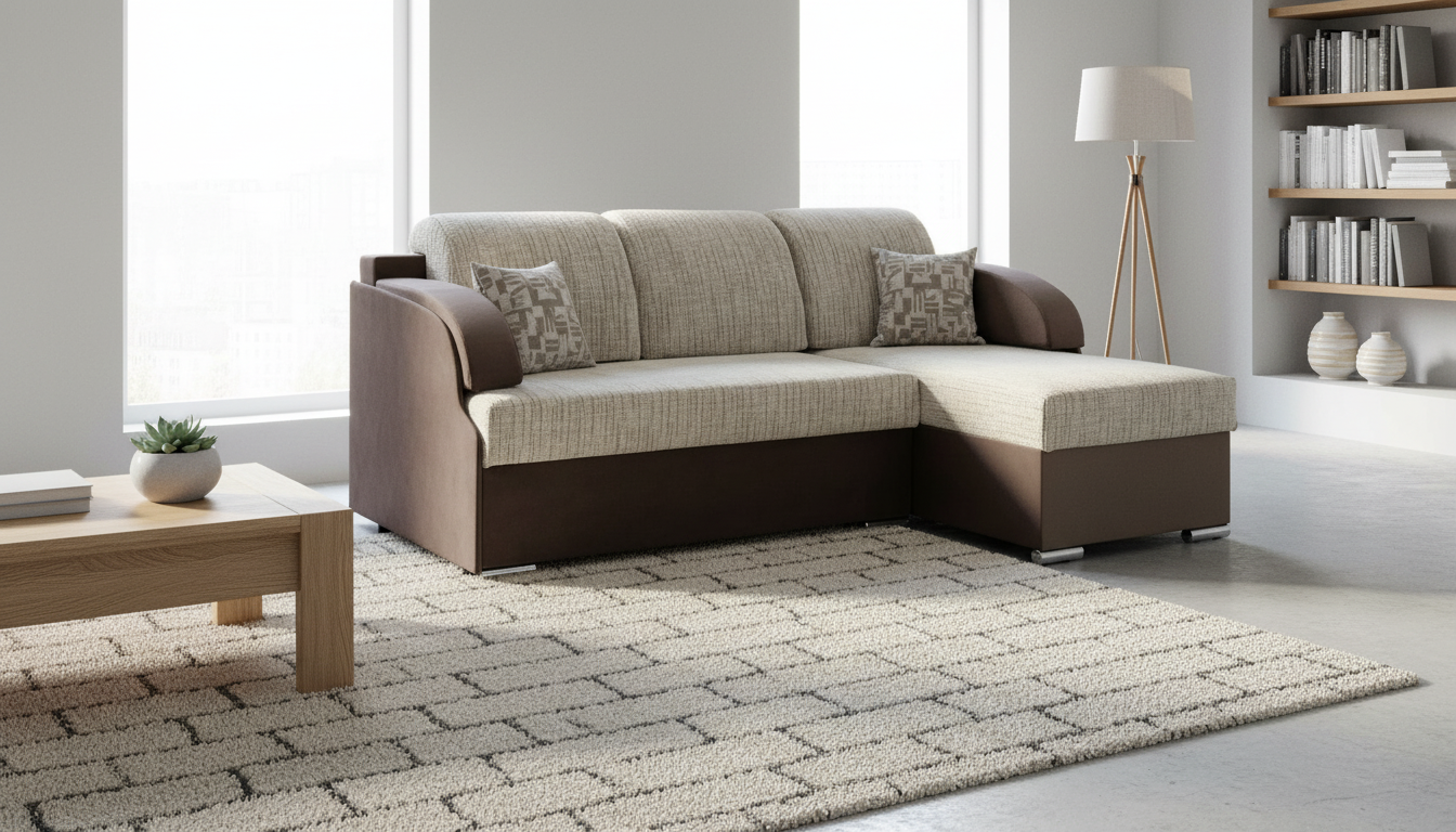Coltar extensibil MERIN, universal, stofa catifelata maro/gri, cu lada depozitare, 205x138x89 cm