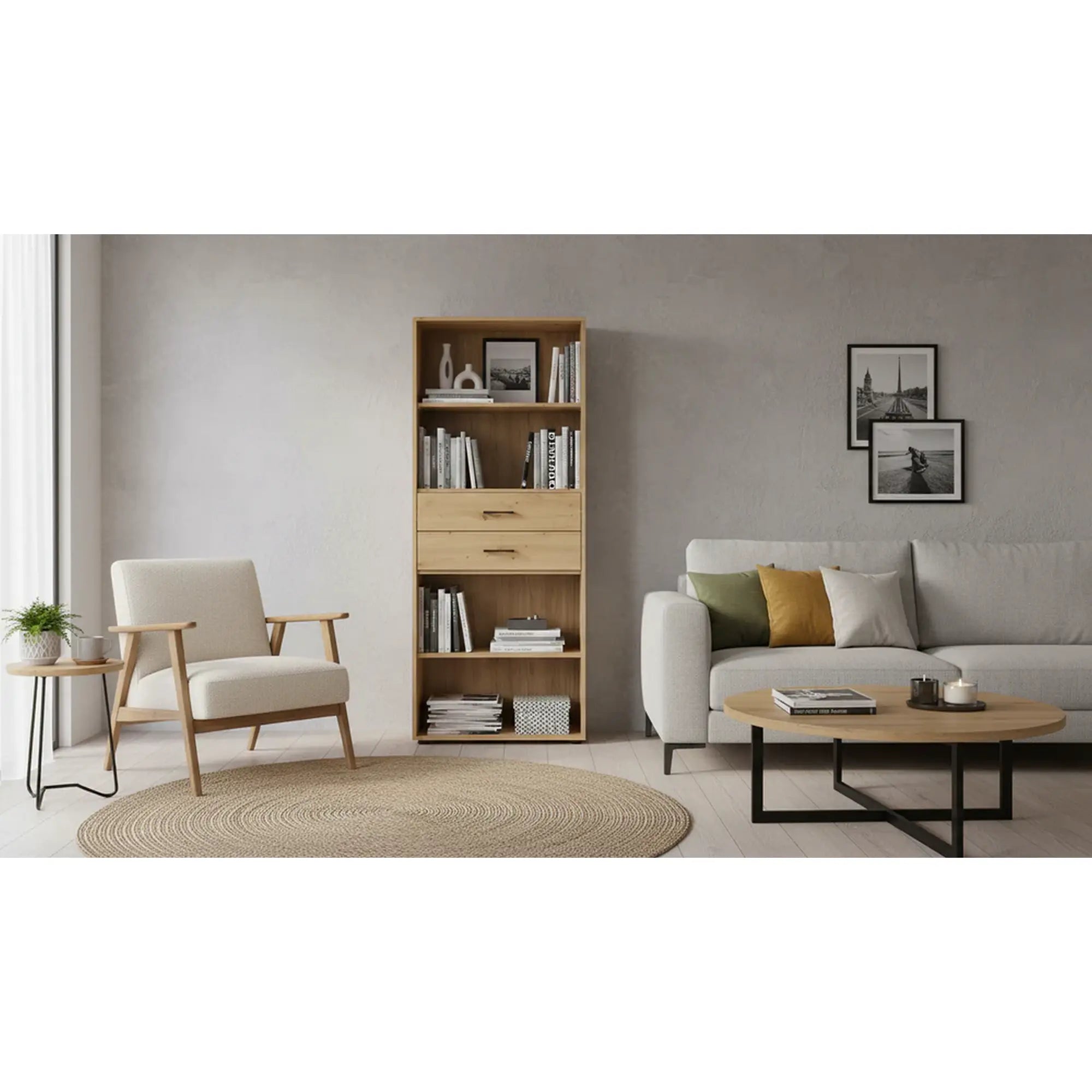 Biblioteca SPACE OFFICE, stejar artisan, PAL laminat, cu 2 sertare, 80x37x203 cm