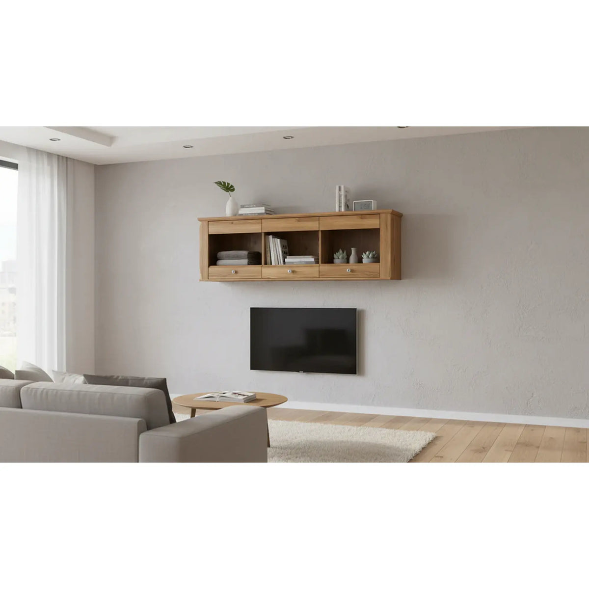 Vitrina BERGEB SFW3W, stejar, PAL/sticla securizata, 156x34x50 cm