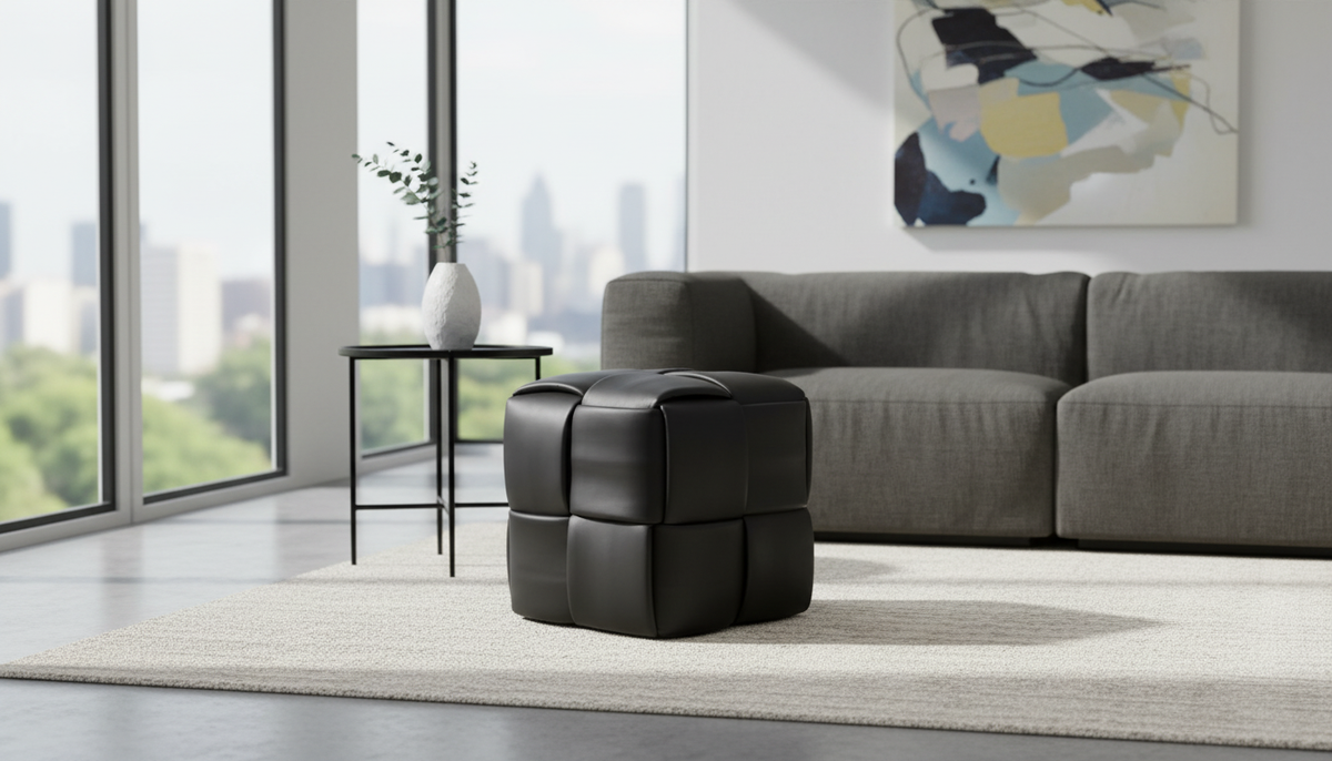 Taburet LUCA, negru, piele ecologica, 42x42x43 cm