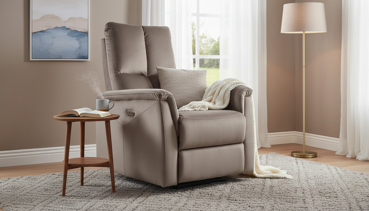 Fotoliu recliner NEPTUN, cappuccino, stofa catifelata/metal, 76x94/160x96 cm