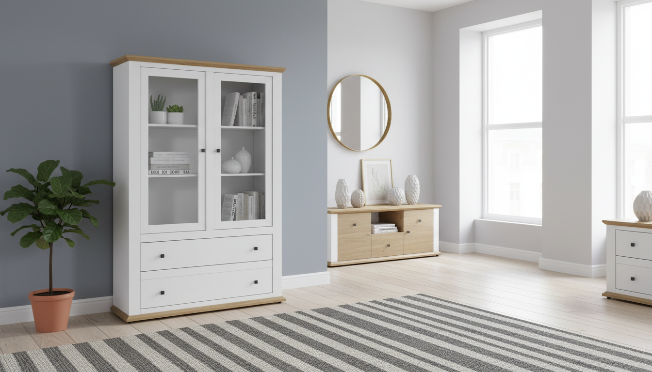 Vitrina LEON MZ5, alb/stejar deschis, PAL laminat, 125x40x180 cm