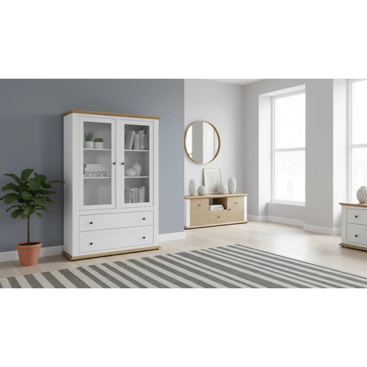 Vitrina LEON MZ5, alb/stejar deschis, PAL laminat, 125x40x180 cm