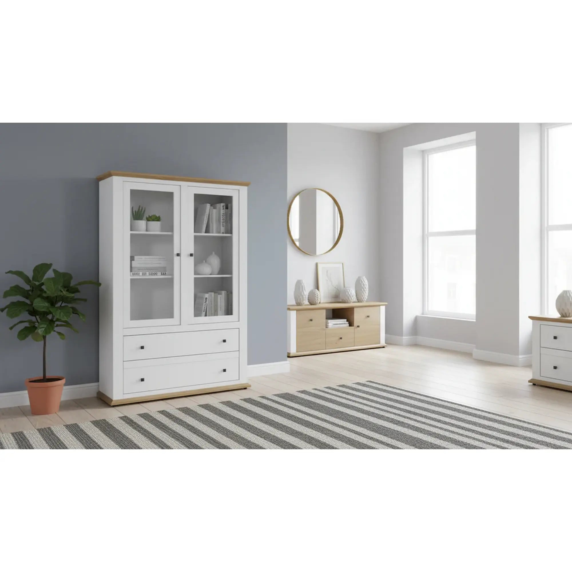Vitrina LEON MZ5, alb/stejar deschis, PAL laminat, 125x40x180 cm