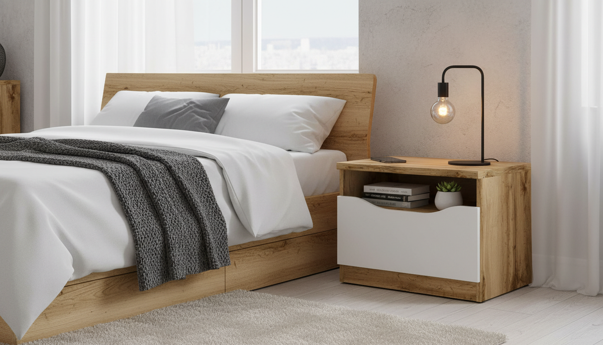 Noptiera NUIS, stejar wotan/alb lucios, PAL, 50x40x39 cm