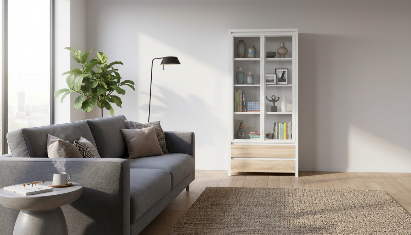 Vitrina KASPIAN, alb/stejar, PAL, 90x41x201 cm