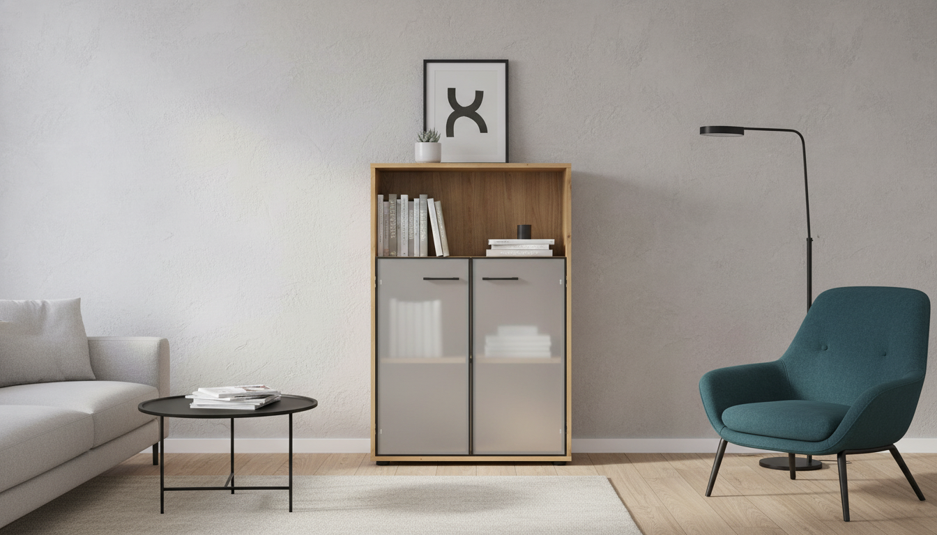 Vitrina SPACE OFFICE, stejar artisan/negru fumuriu, PAL laminat/sticla, cu 2 usi, 80x38x122 cm