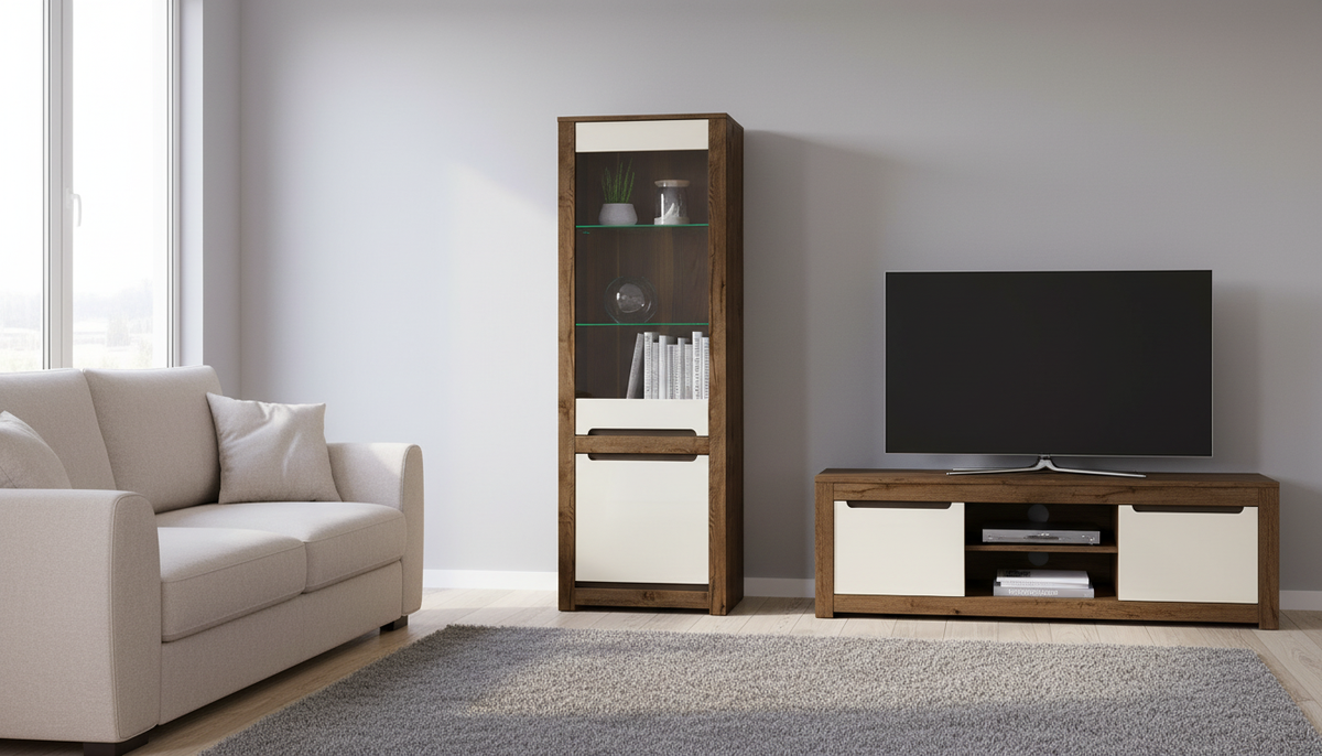 Vitrina RUSO, stejar april/alb perla, PAL/sticla securizata, 69x46x205 cm