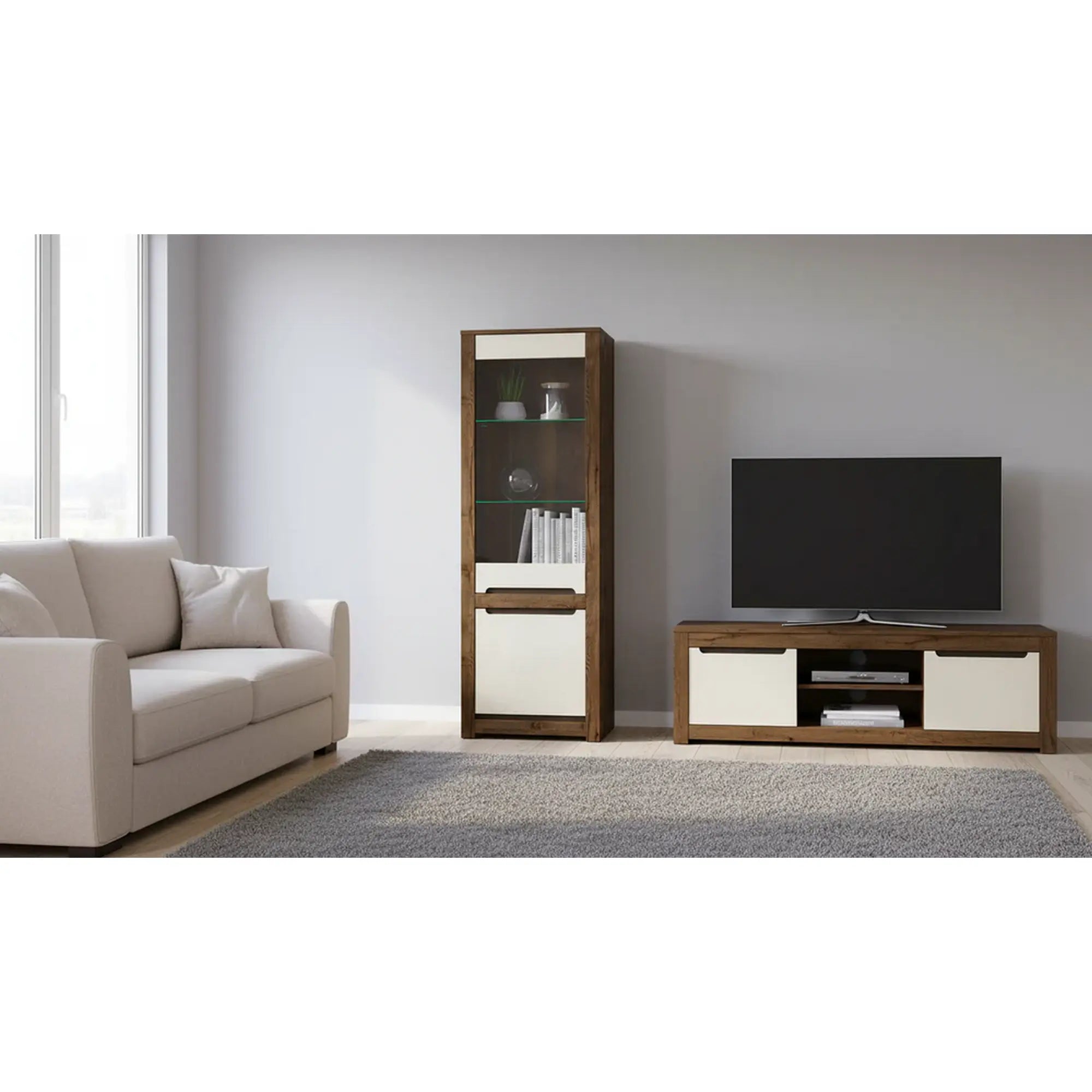 Vitrina RUSO, stejar april/alb perla, PAL/sticla securizata, 69x46x205 cm
