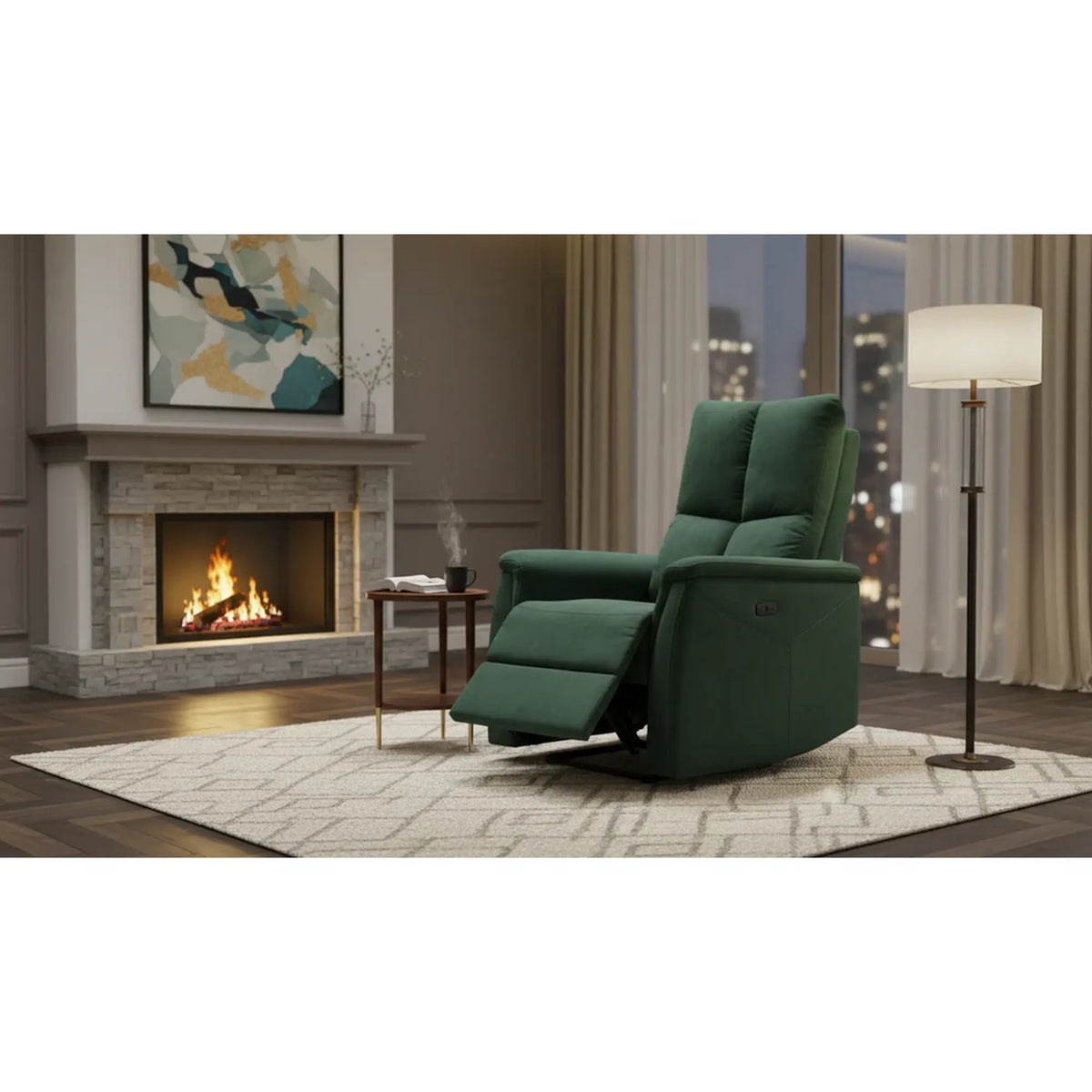 Fotoliu recliner NEPTUN M, verde inchis, stofa catifelata/metal, functie de masaj, 76x94/160x96 cm