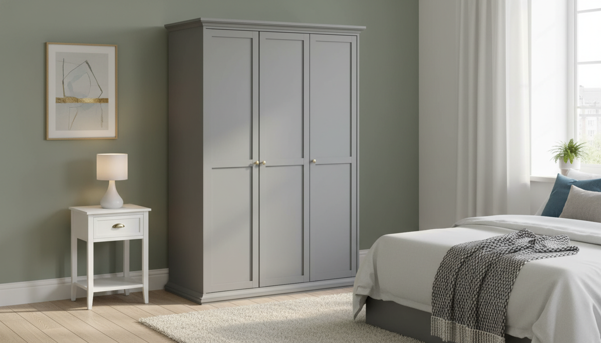 Dulap PARIS, gri, PAL laminat, cu 3 usi, 139x61x201 cm