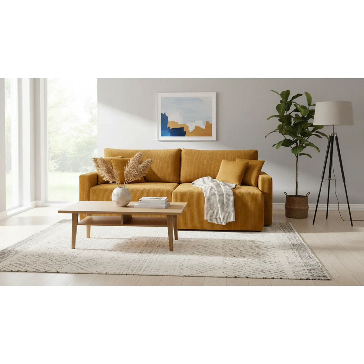 Coltar extensibil RUFIO, universal, stofa catifelata galben - Paso 01, cu lada depozitare, 230x146x91 cm