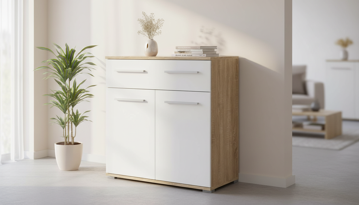 Comoda LIMA KM1, alb/stejar sonoma, PAL, 77x40x82 cm