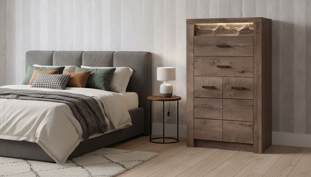 Comoda INFINITY I-06, frasin inchis, PAL melaminat, cu iluminare LED, 76x42x127 cm