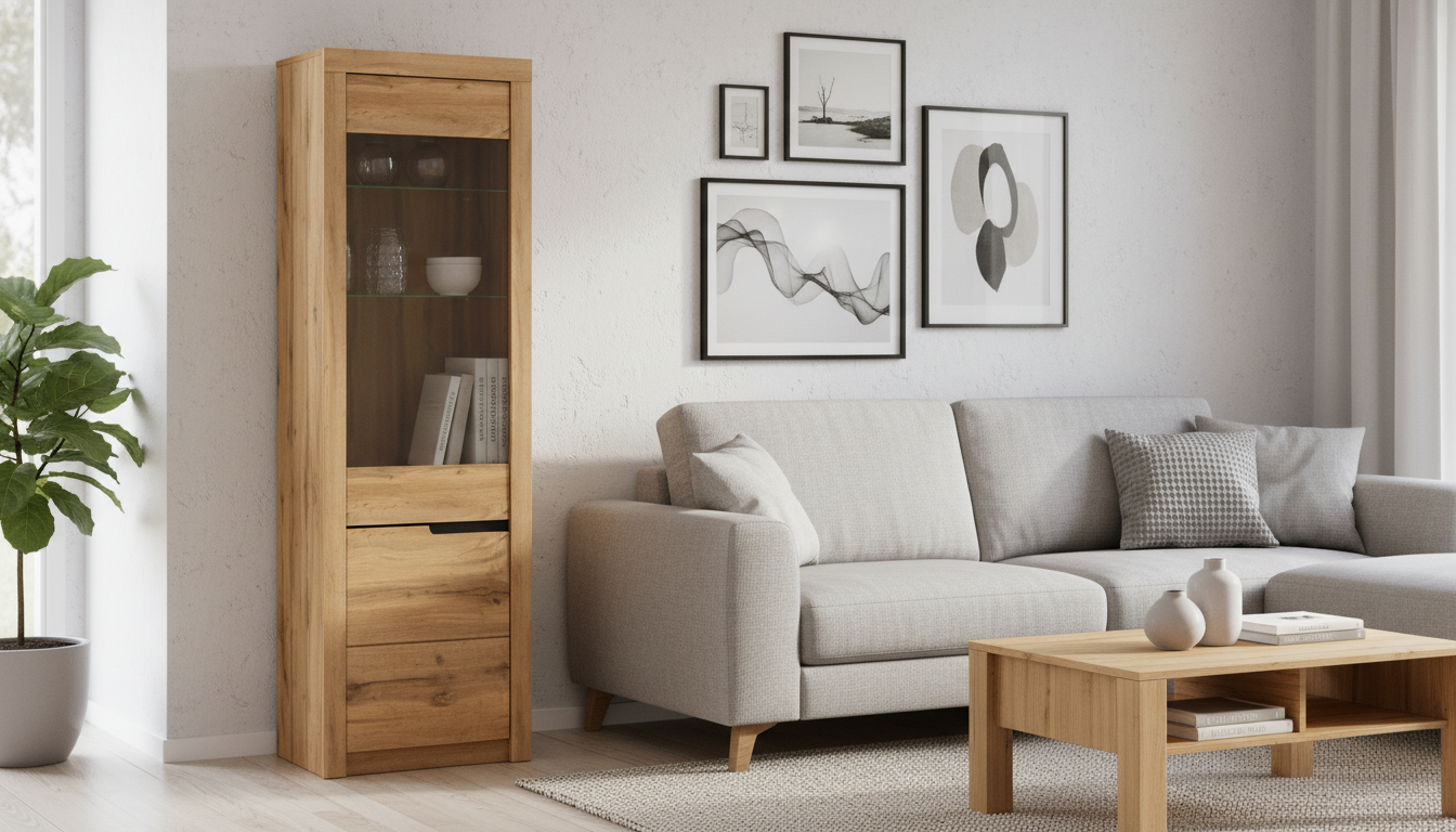 Vitrina TORONTA A1, stejar wotan, DTD laminat, deschidere stanga, 63x40x197 cm