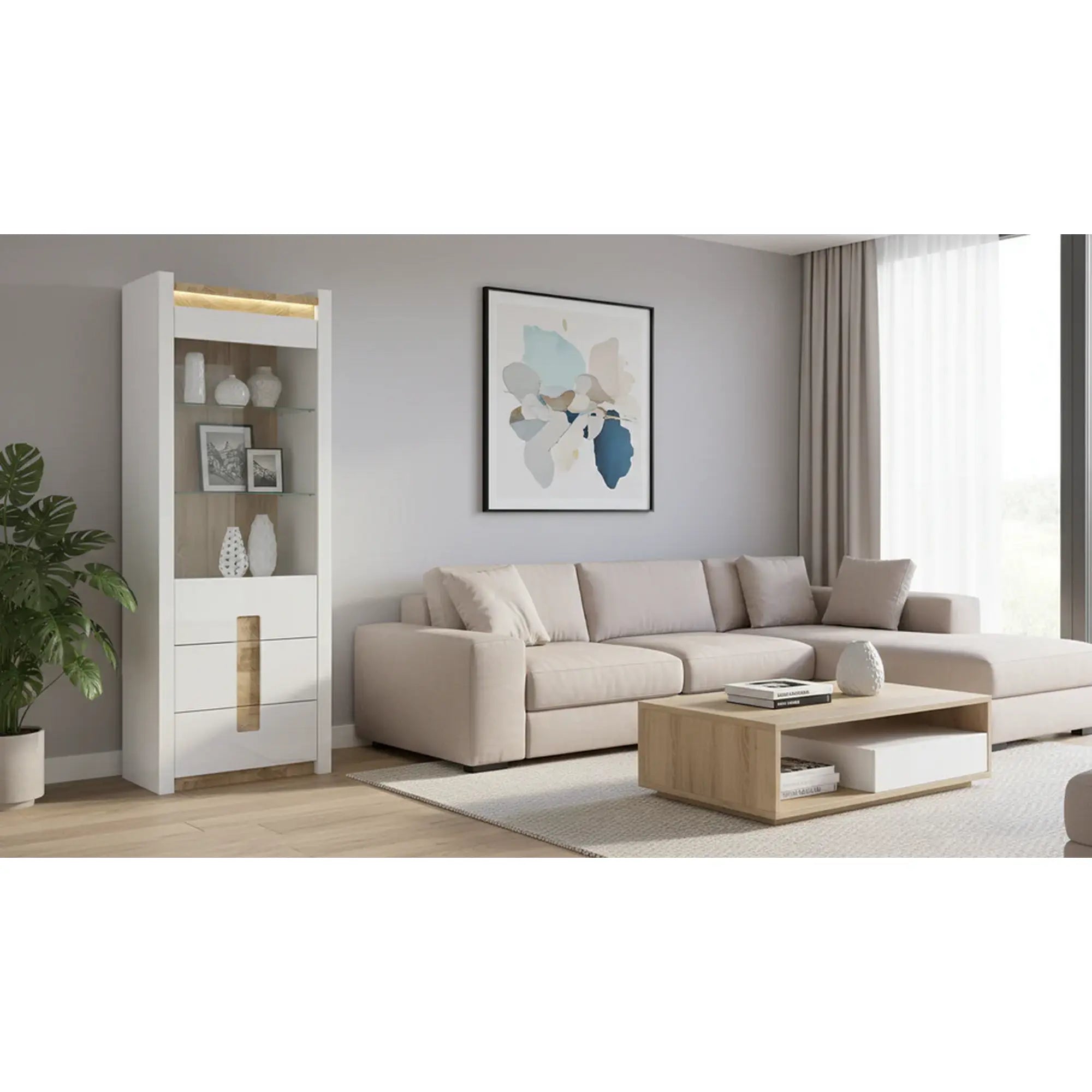 Vitrina ALAMEDA, alb/stejar deschis, PAL laminat, 72x42x202 cm