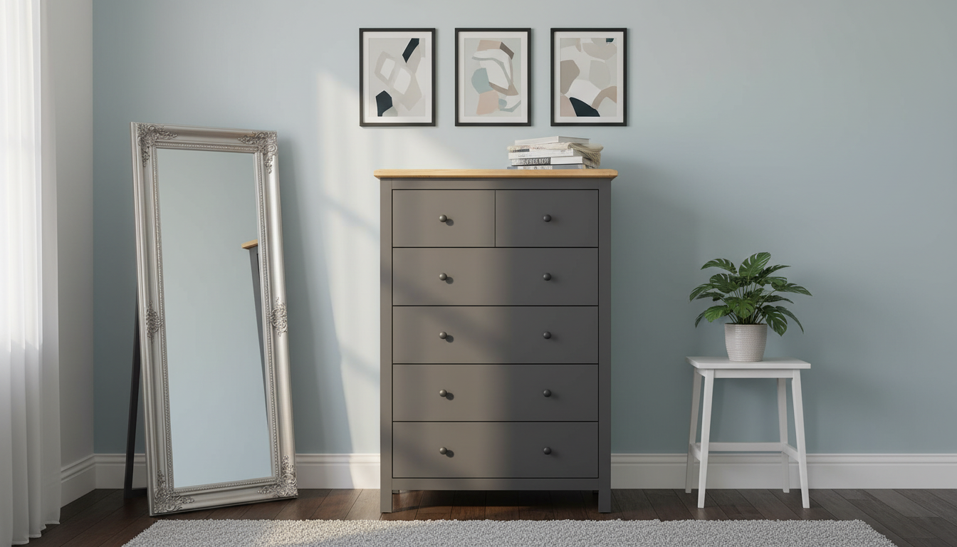 Comoda HESEN, gri grafit/stejar artisan, PAL melaminat, 101x44x145 cm