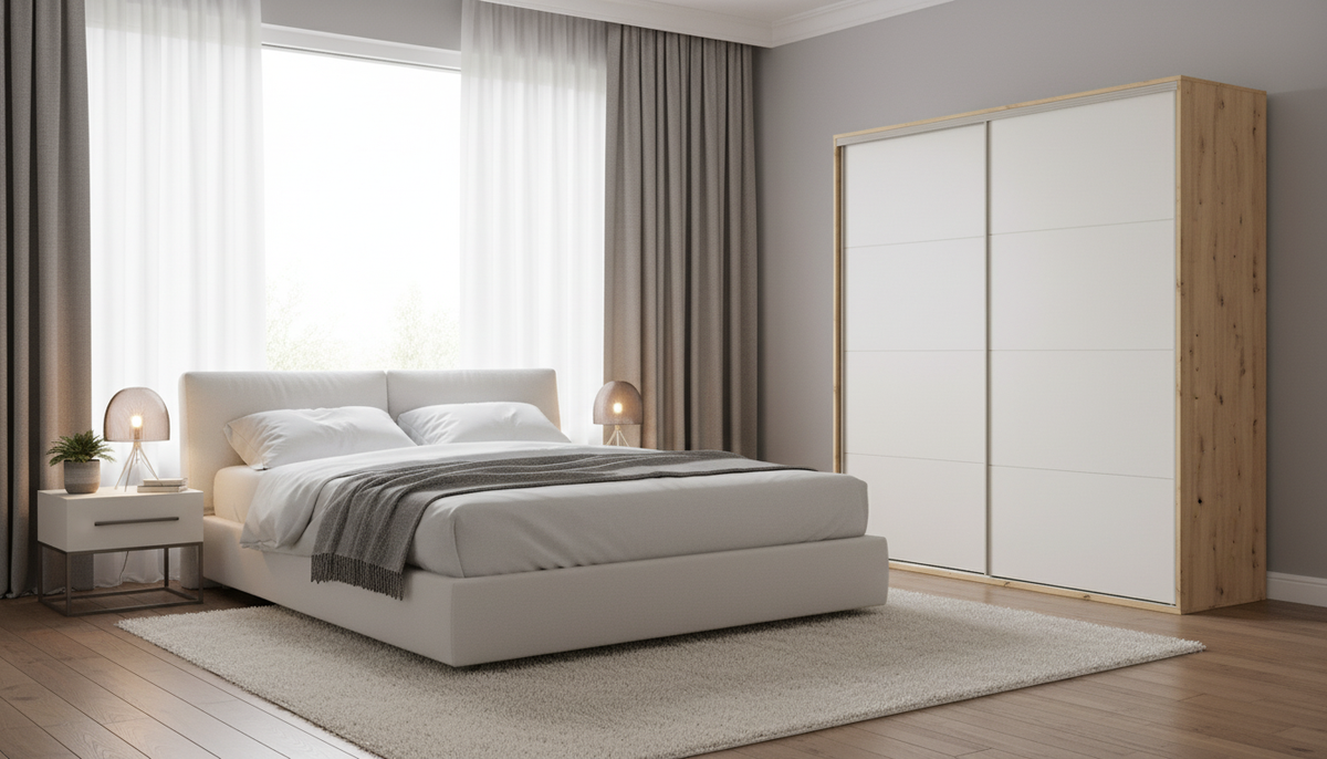 Dressing FLEX, casmir/stejar artisan, PAL, cu 2 usi glisante, 220x66x240 cm