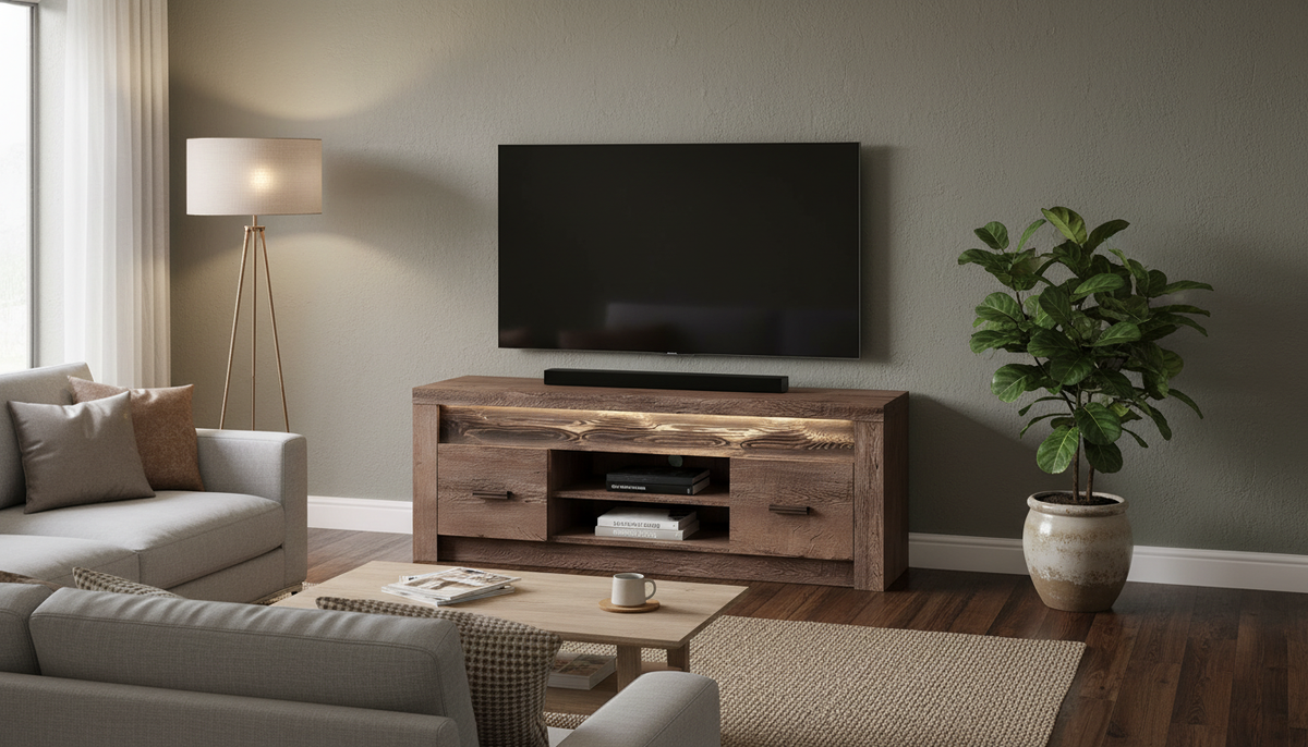 Comoda TV INFINITY I-09, frasin inchis, PAL melaminat/metal, cu iluminare LED, 137x42x53 cm