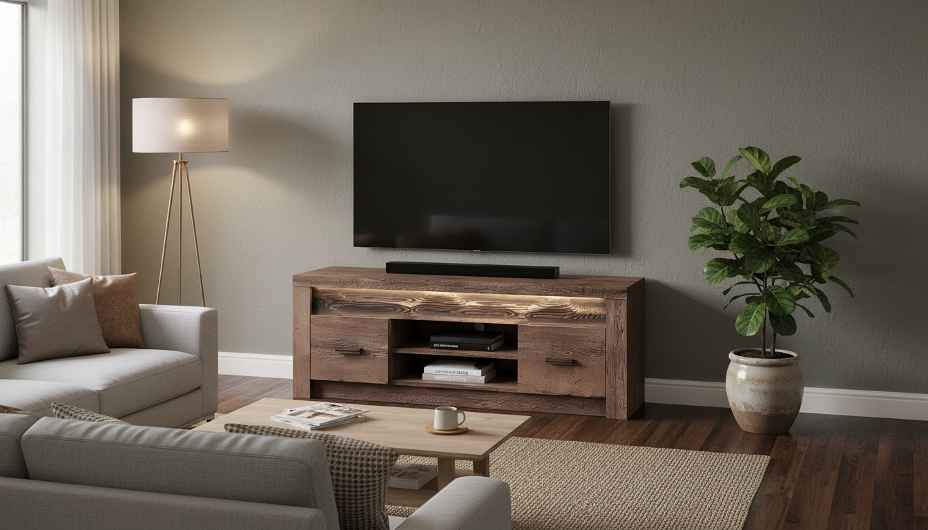 Comoda TV INFINITY I-09, frasin inchis, PAL melaminat/metal, cu iluminare LED, 137x42x53 cm