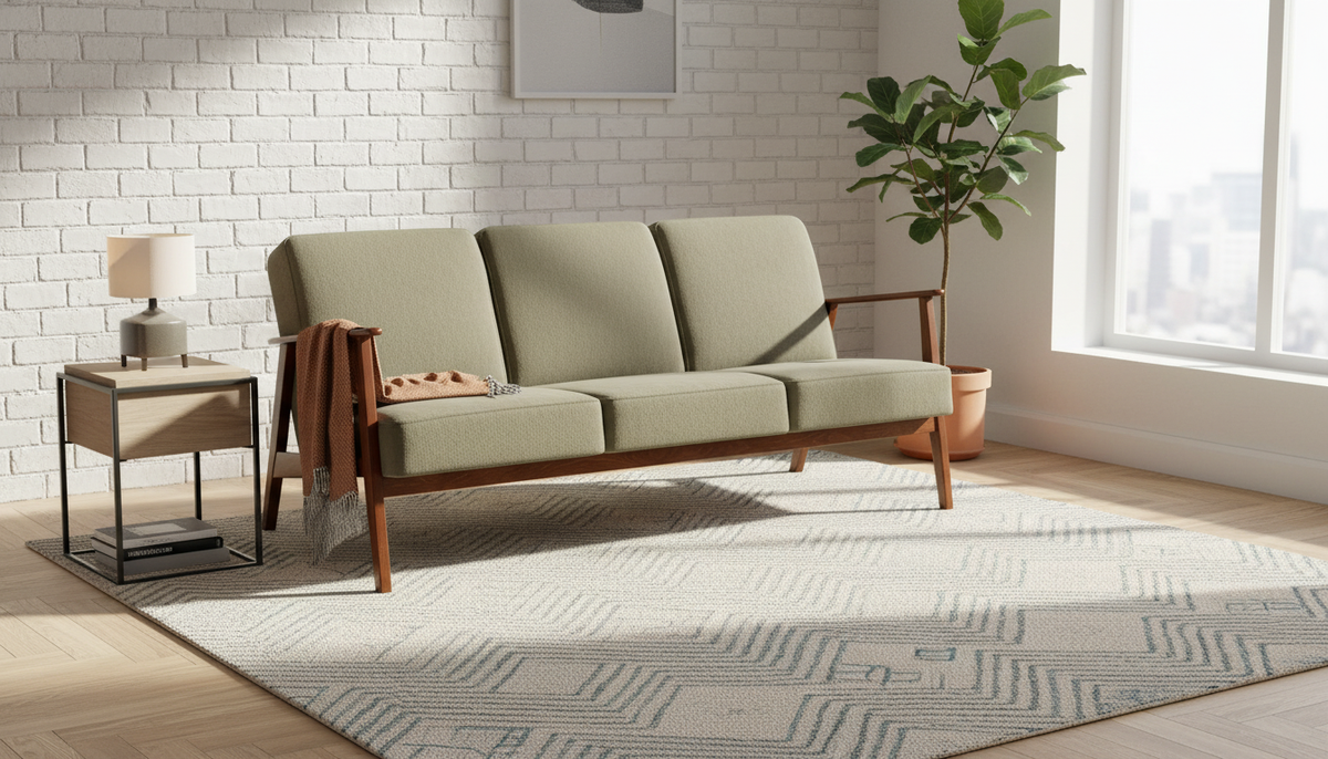 Canapea MILANO 3S, verde olive/nuc, stofa clasica/lemn, 175x77x77 cm