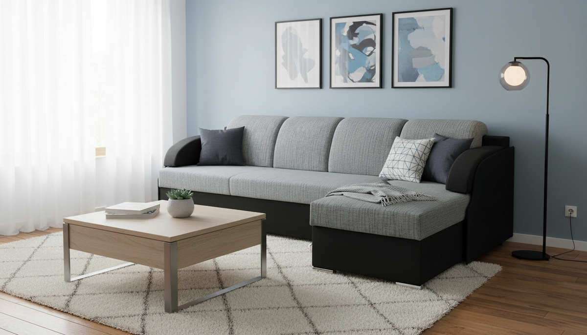 Coltar extensibil MERIN, universal, stofa catifelata negru/gri, cu lada depozitare, 205x138x89 cm