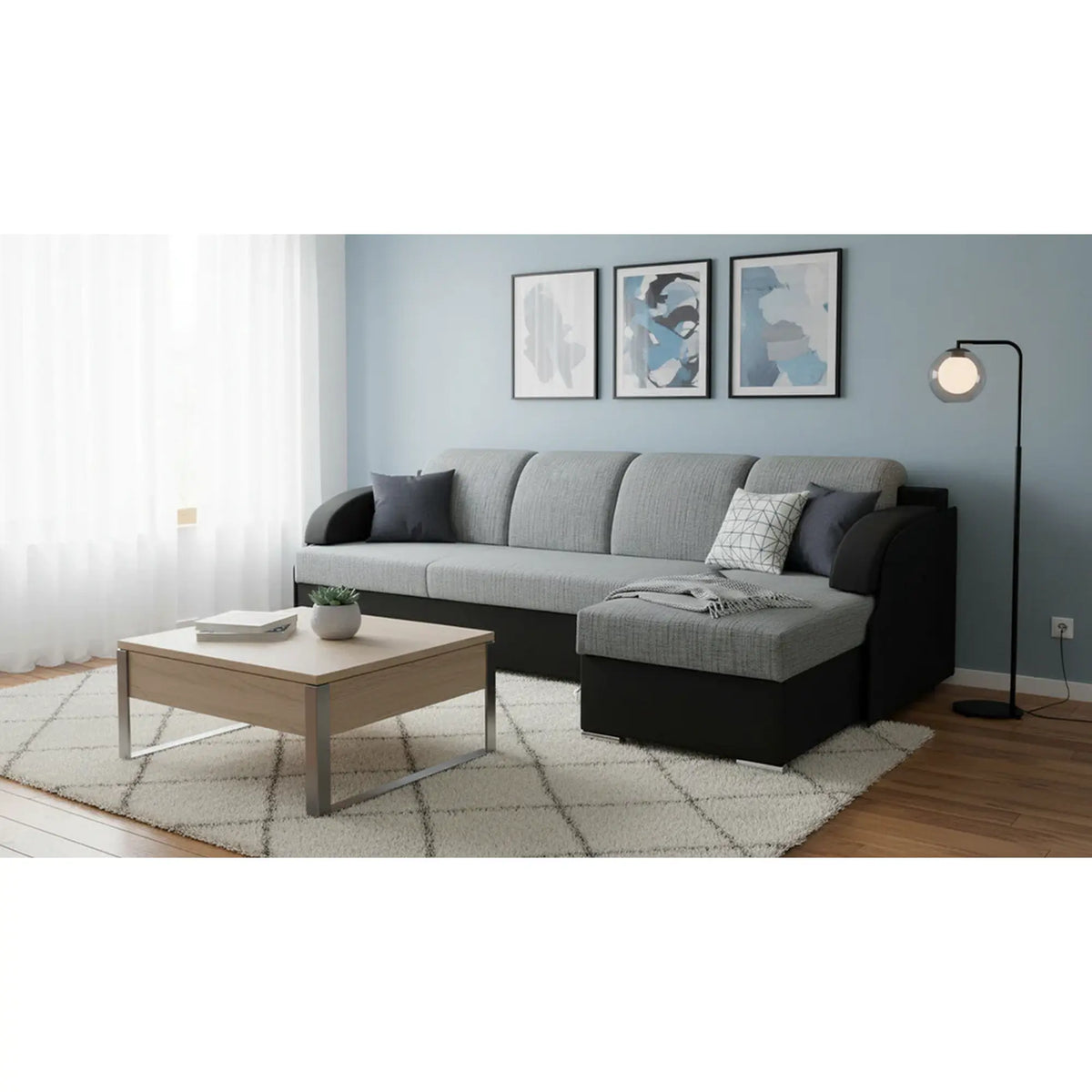 Coltar extensibil MERIN, universal, stofa catifelata negru/gri, cu lada depozitare, 205x138x89 cm
