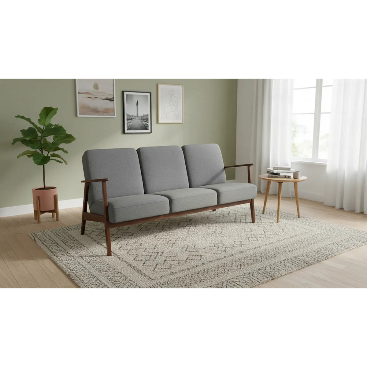 Canapea MILANO 3S, gri - Castel 93, stofa catifelata/lemn, 175x77x77 cm