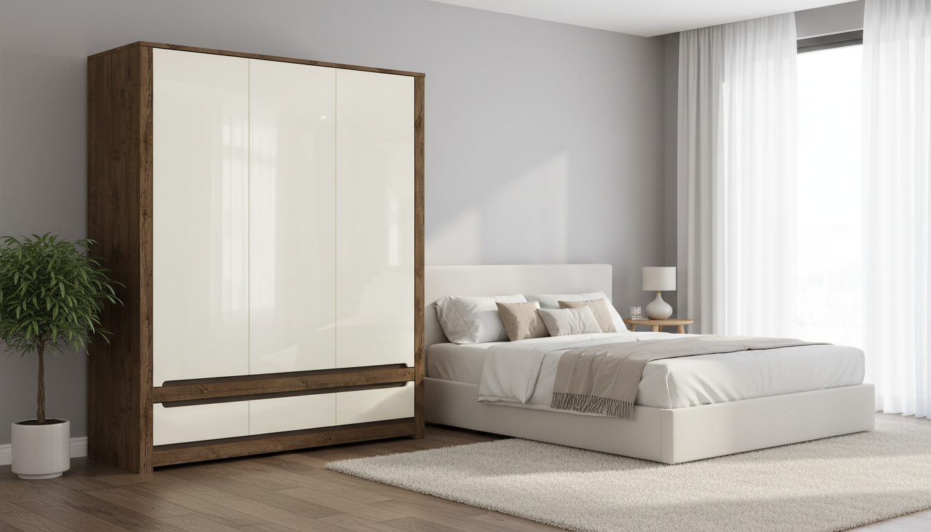 Dulap RUSO, alb perla/stejar april, PAL, cu 3 usi si 3 sertare, 179x61x205 cm