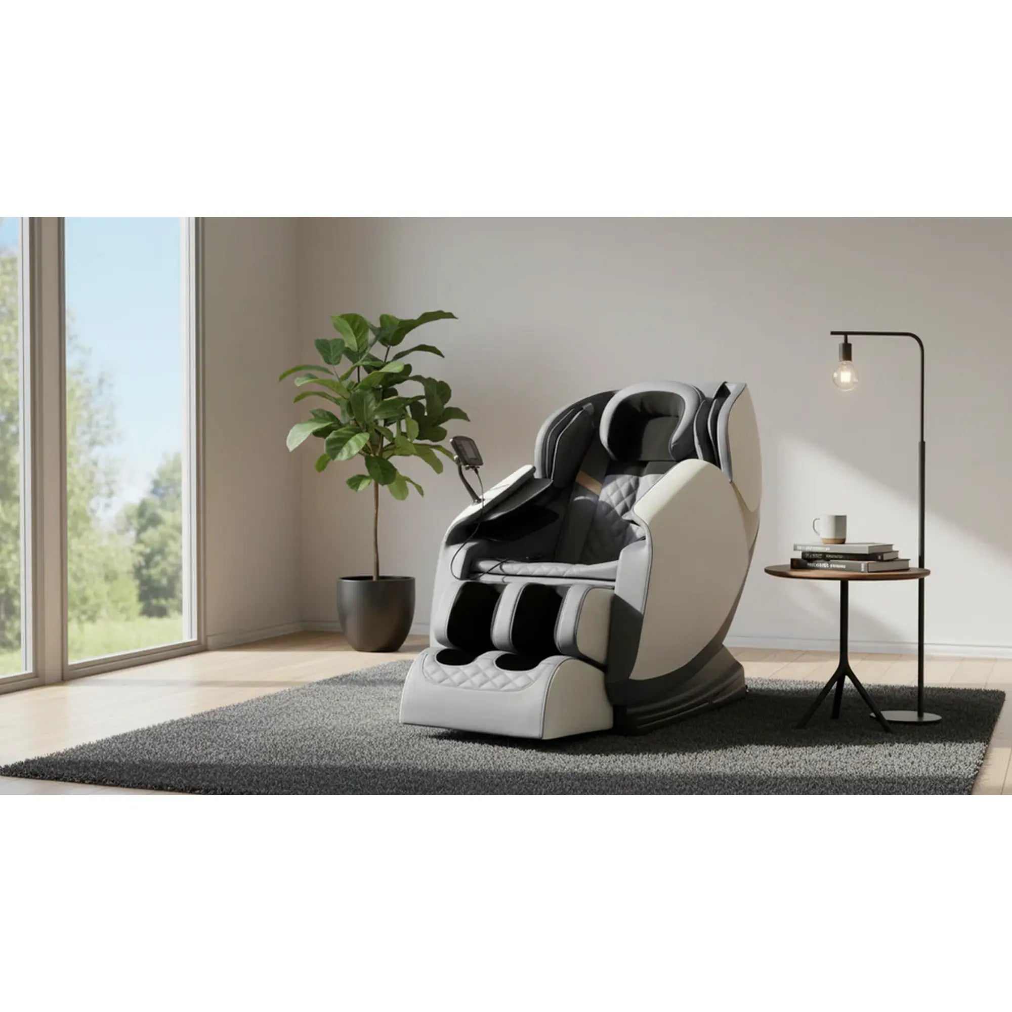 Fotoliu masaj SOLARIA, crem/gri, piele ecologica/metal, 72x140/187x85/105 cm
