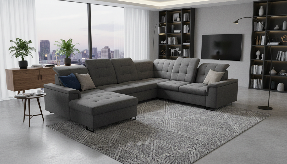 Coltar extensibil ARAGON, sezlong stanga, stofa catifelata gri - Voss 15, cu lada depozitare, 270x230x150 cm