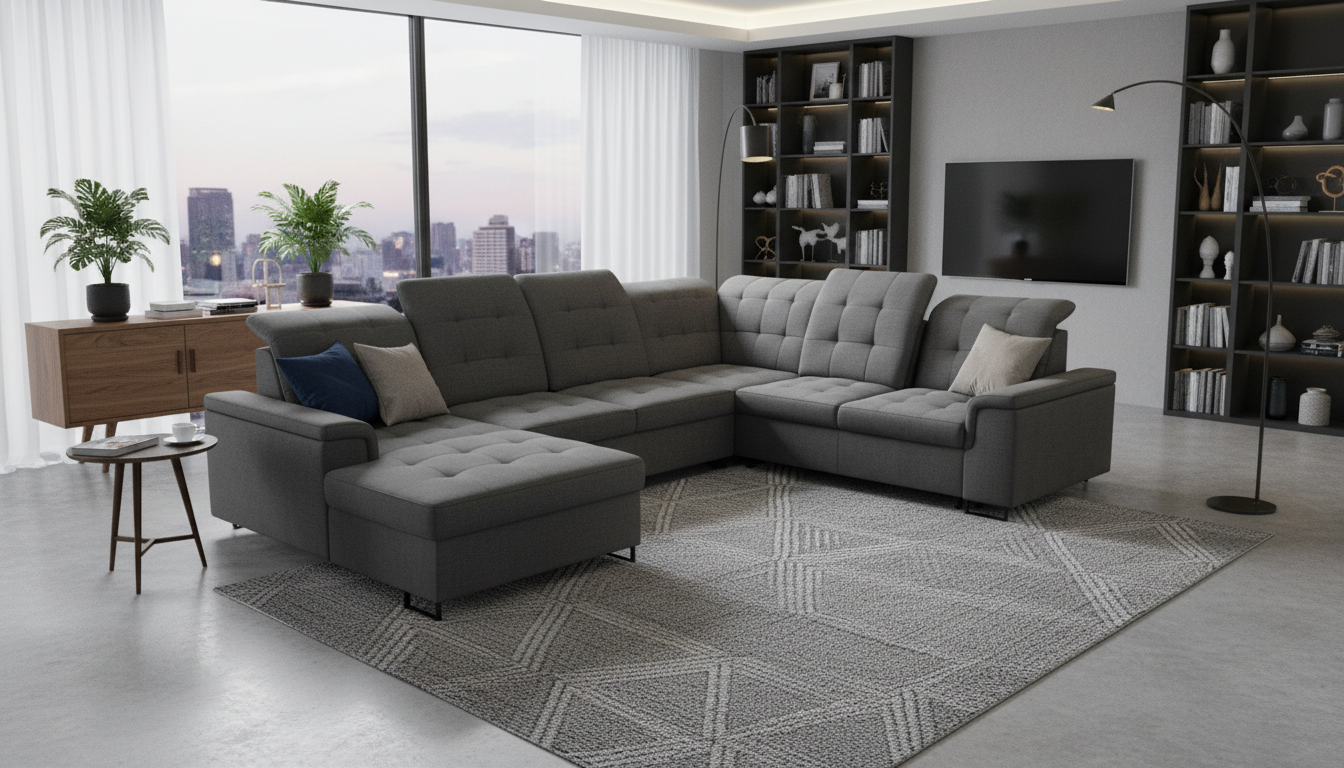 Coltar extensibil ARAGON, sezlong stanga, stofa catifelata gri - Voss 15, cu lada depozitare, 270x230x150 cm