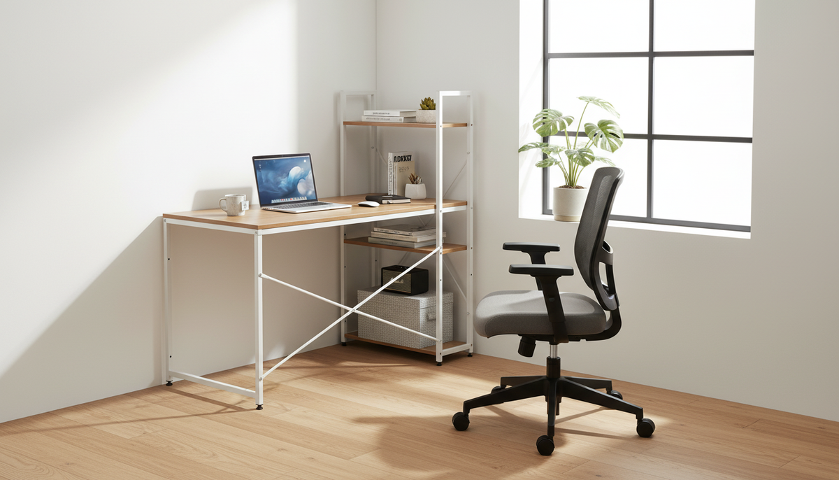 Masa birou VEINA, stejar/alb, DTD laminat/metal, 120x60/64x72/122 cm