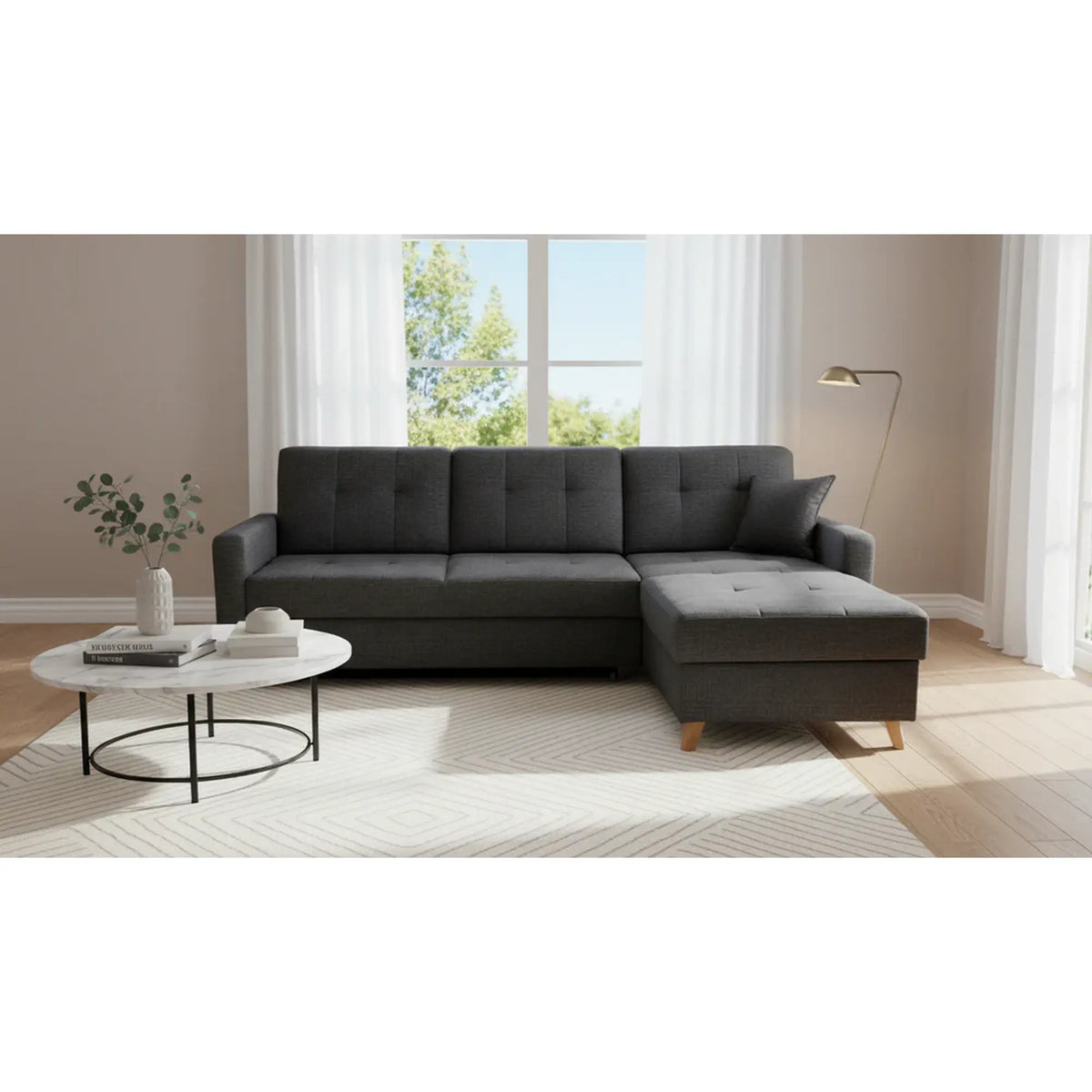 Coltar extensibil LARS, universal, stofa catifelata negru - Voss 19, cu lada depozitare, 223x161x83 cm