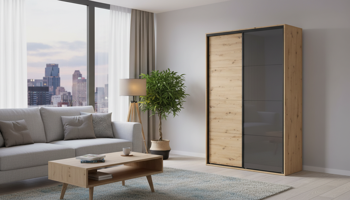 Dulap FLEX, stejar artisan/gri grafi, PAL, cu 2 usi, 150x66x240 cm